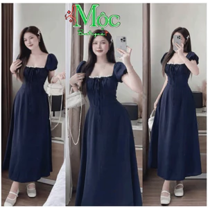 Đầm váy dài, đầm maxi Mango dài phối Ren bèo có mút ngực nhún sau buộc dây nơ tay búp