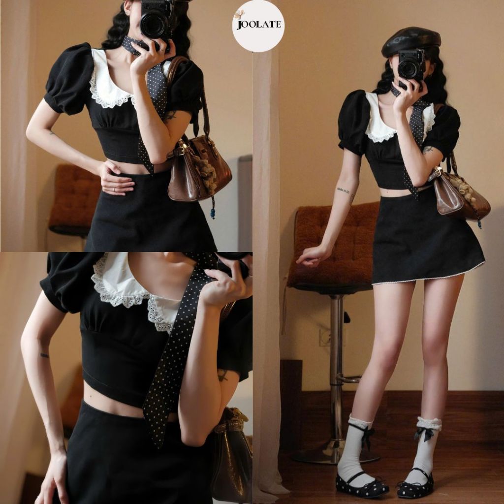 Set Bộ Nữ Croptop Cộc Tay Phối Chân Váy Viền Bèo Dễ Thương Sang Chảnh Tôn Dáng Đi Chơi Form Xinh Joolate 90