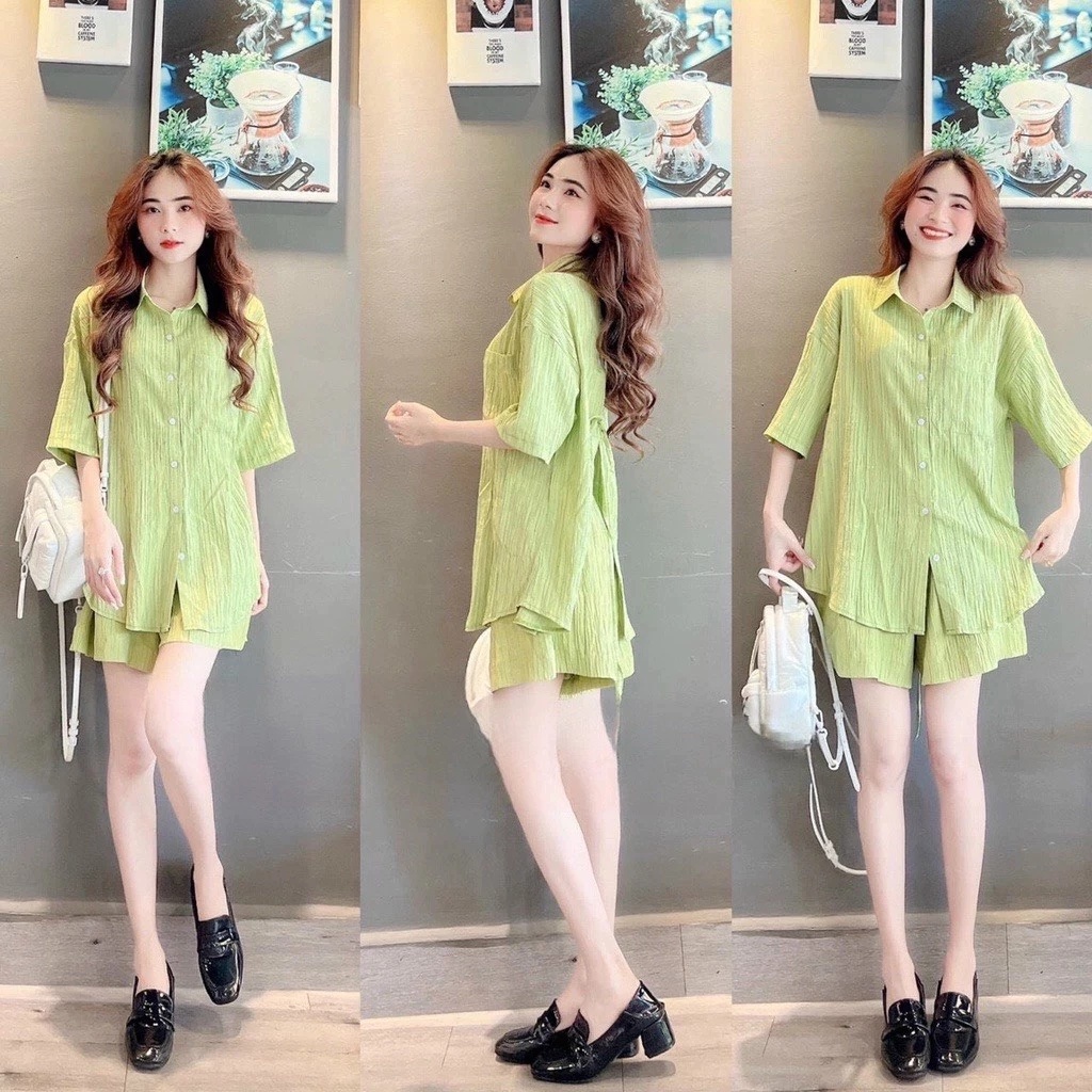 [Peinn] Set Bộ Đồ Nữ Vải Đũi Gân Mềm Mát,Bộ Áo Sơmi Xẻ Lưng Kèm Quần Short Dáng Thụng Thời Trang Basic Store