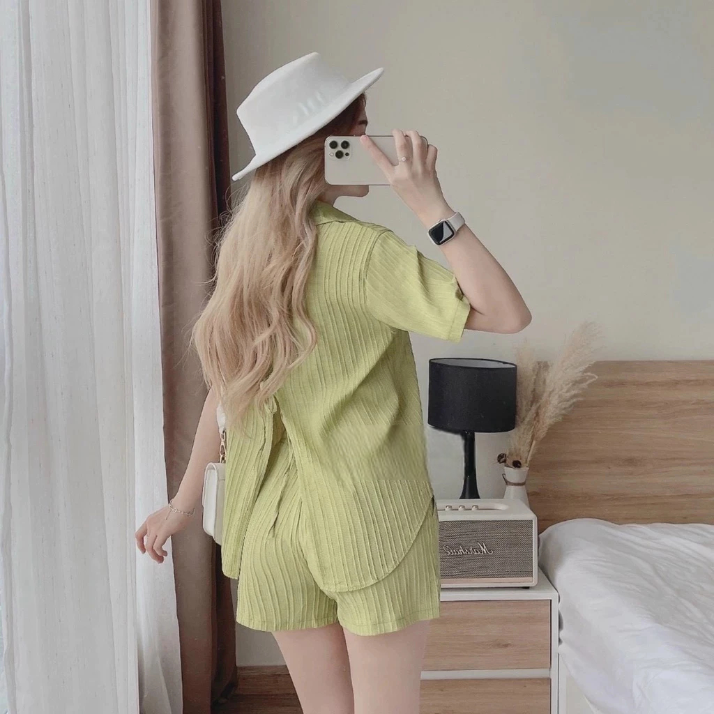 [Peinn] Set Bộ Đồ Nữ Vải Đũi Gân Mềm Mát,Bộ Áo Sơmi Xẻ Lưng Kèm Quần Short Dáng Thụng Thời Trang Basic Store
