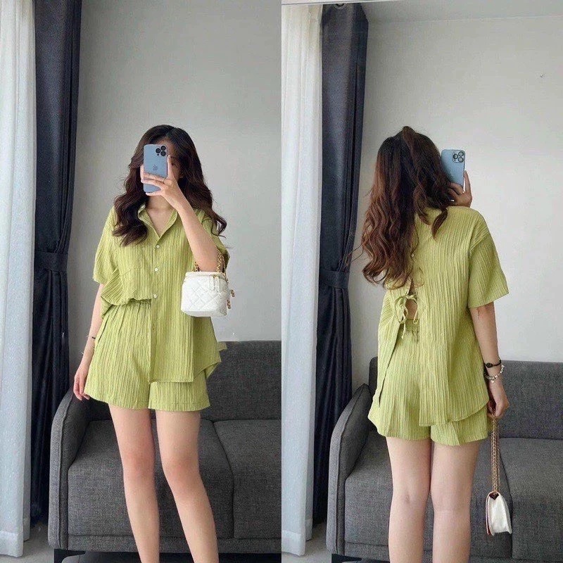 [Peinn] Set Bộ Đồ Nữ Vải Đũi Gân Mềm Mát,Bộ Áo Sơmi Xẻ Lưng Kèm Quần Short Dáng Thụng Thời Trang Basic Store