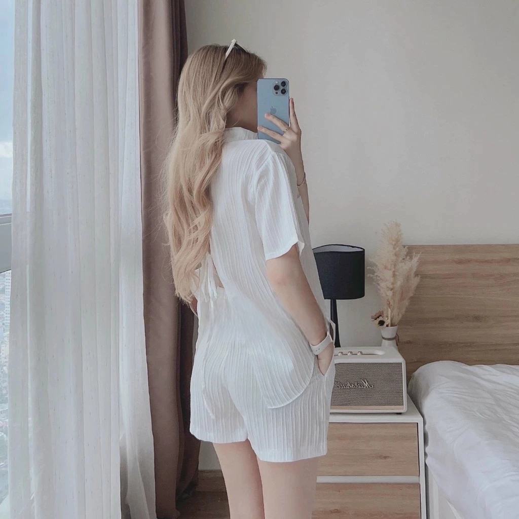 [Peinn] Set Bộ Đồ Nữ Vải Đũi Gân Mềm Mát,Bộ Áo Sơmi Xẻ Lưng Kèm Quần Short Dáng Thụng Thời Trang Basic Store