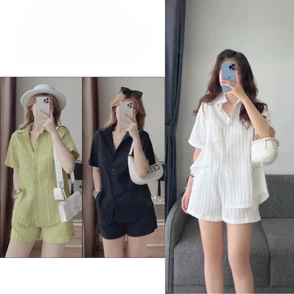 [Peinn] Set Bộ Đồ Nữ Vải Đũi Gân Mềm Mát,Bộ Áo Sơmi Xẻ Lưng Kèm Quần Short Dáng Thụng Thời Trang Basic Store
