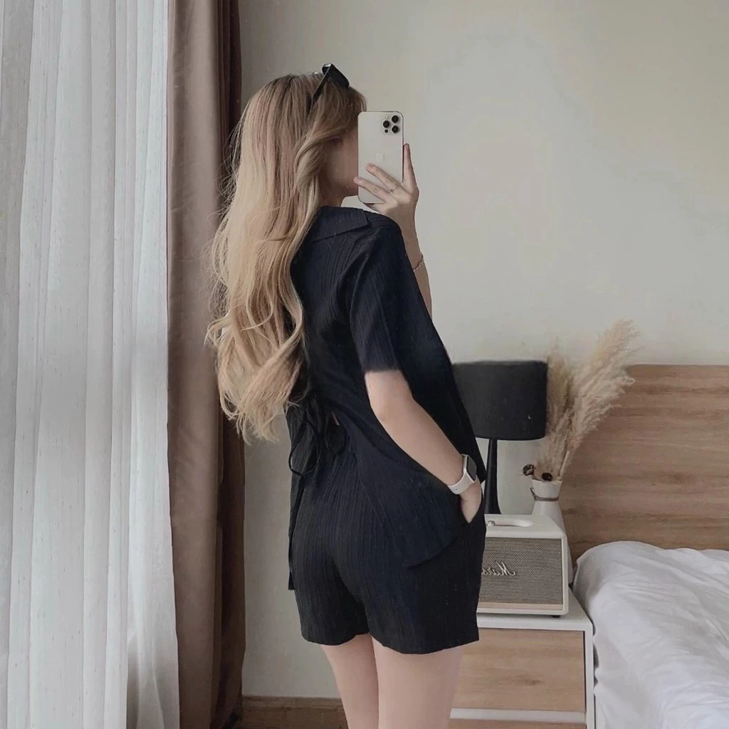 [Peinn] Set Bộ Đồ Nữ Vải Đũi Gân Mềm Mát,Bộ Áo Sơmi Xẻ Lưng Kèm Quần Short Dáng Thụng Thời Trang Basic Store