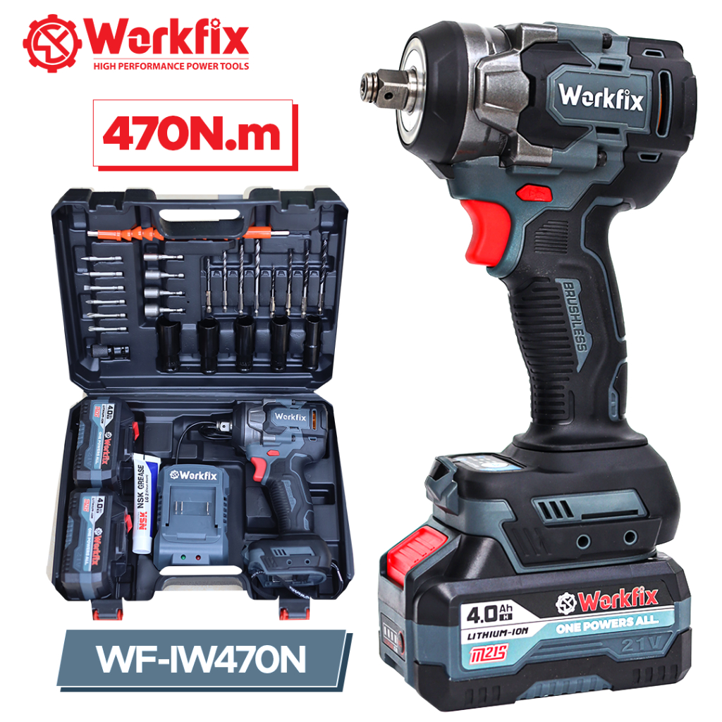 Qùa Tặng Thước Dây- Máy Siết Bulong 470N Workfix WF-IW470N  Đầu 2in1 Đa Năng, Không Chổi Than, Chân Pin Phổ Thông