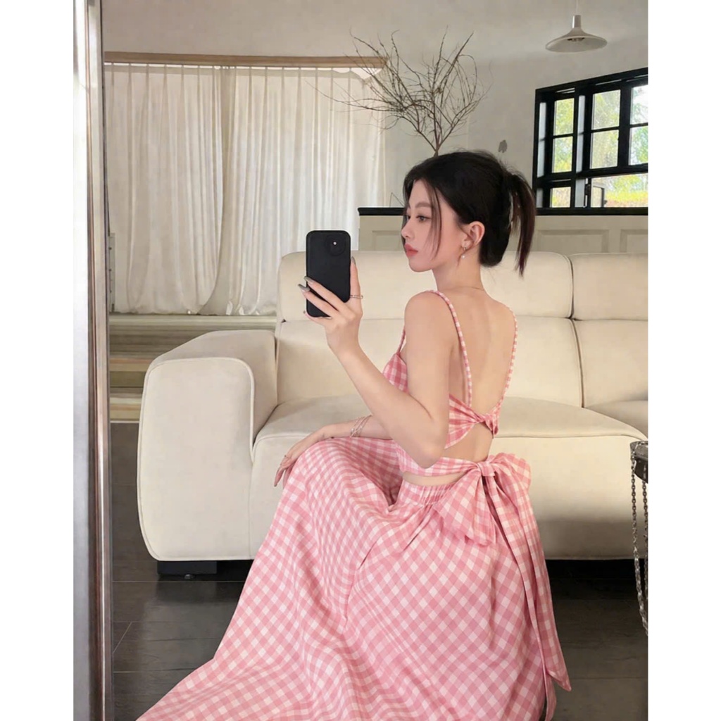 SÉT ĐẦM DÂY KARO XANH XOĂN NGỰC DÁNG MAXI
