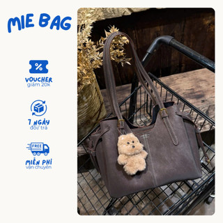 Túi xách nữ tote vintage size 30 da lộn đeo vai thanh lịch dung tích lớn kèm charm MIE BAG