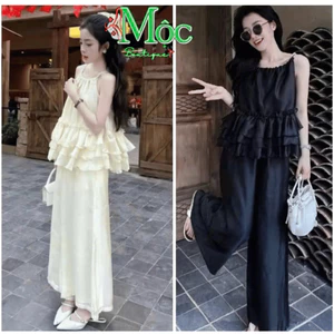 Set công sở, set mặc hè Tơ ánh kim hai dây 2 lớp đính cườm cổ kèm quần Tơ 2 lớp dài xoè