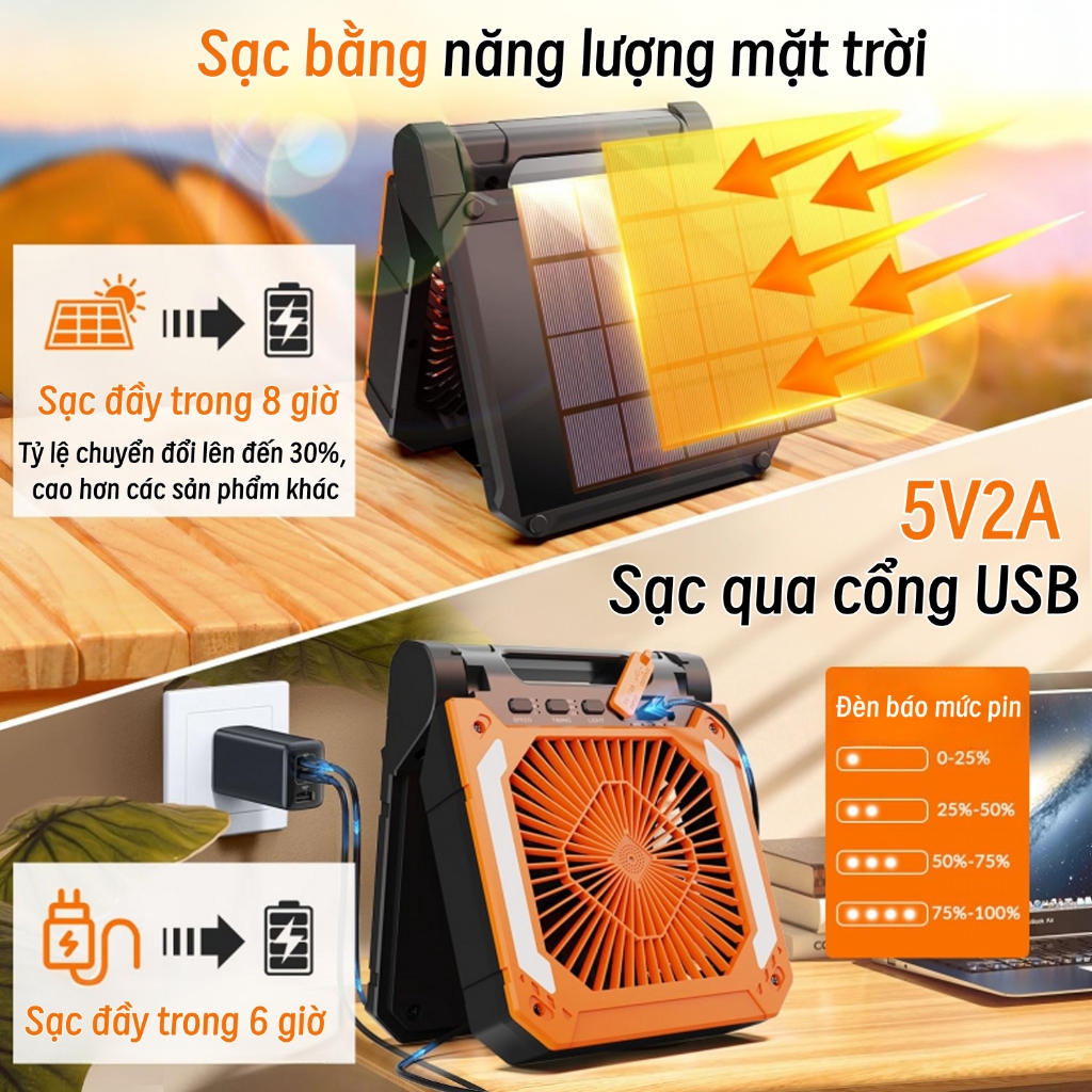 Quạt Dùng Năng Lượng Mặt Trời 5V Quạt Máy Tính để Bàn Di động Sạc Pin Quạt Dã Ngoại Với Pin Dự Phòng