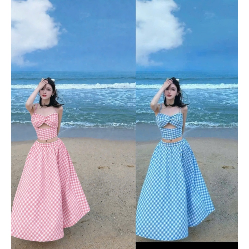 SÉT ĐẦM DÂY KARO XANH XOĂN NGỰC DÁNG MAXI