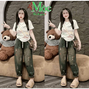 Set bộ jean, set jean Quảng Châu HK năng động áo thun cổ tròn tay ngắn in 3D kèm quần jean baggy