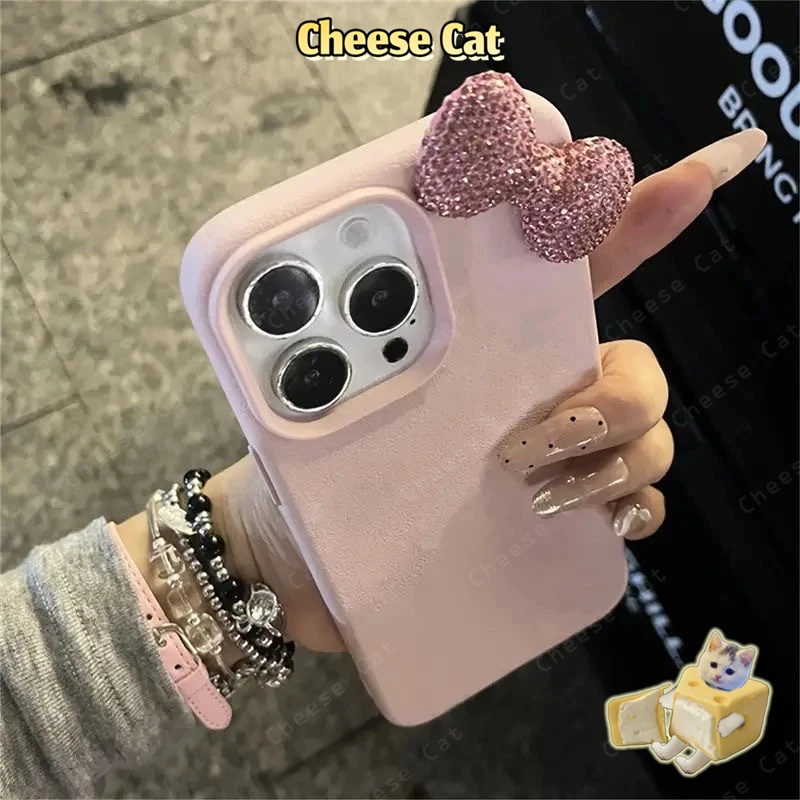 3D Nơ kim cương lấp lánh màu hồng Ốp điện thoại iPhone mờ cho iPhone 13 14 15 11 1216 17 Pro Max XR Xs Max 7 Plus