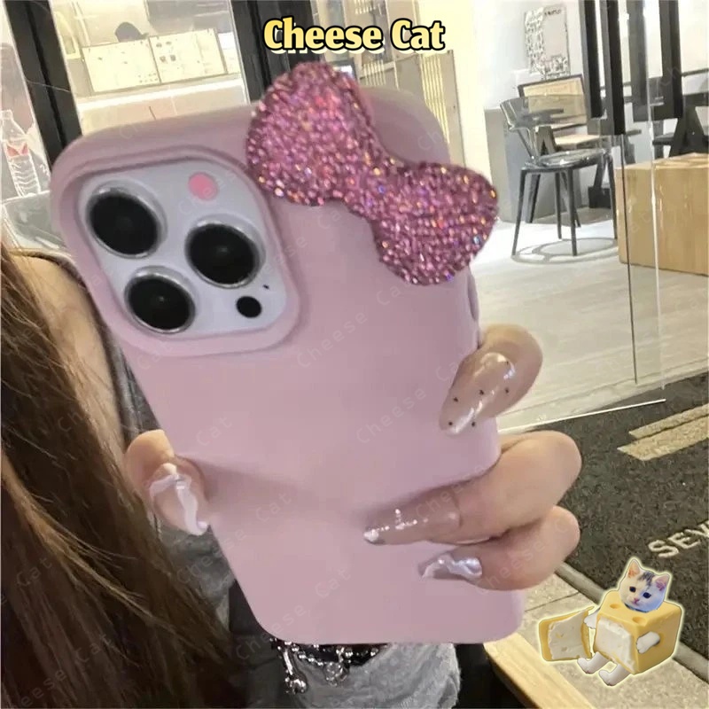 3D Nơ kim cương lấp lánh màu hồng Ốp điện thoại iPhone mờ cho iPhone 13 14 15 11 1216 17 Pro Max XR Xs Max 7 Plus