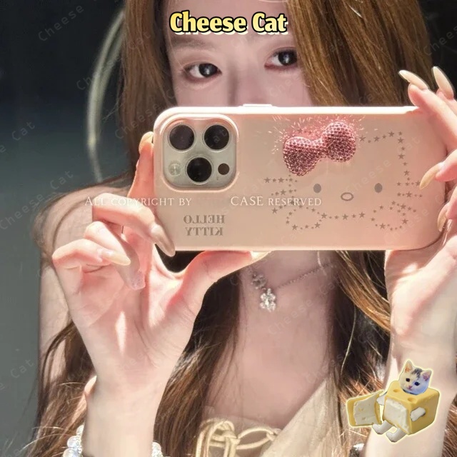 Nơ kim cương lấp lánh màu hồng Sao Kitty Ốp lưng iPhone cho iPhone 13 14 15 11 12 16 17 Pro Max XR Xs Max 7 Plus