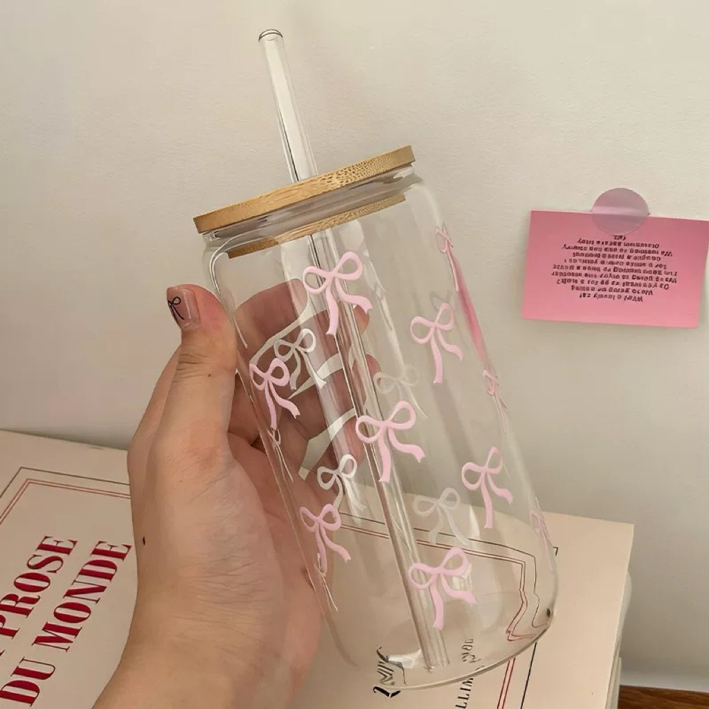 Ly thủy tinh nắp gỗ kèm ống hút thiết kế 500ml, Cốc thủy tinh chịu nhiệt cao,Ly thuỷ tinh có nắp, quà tặng