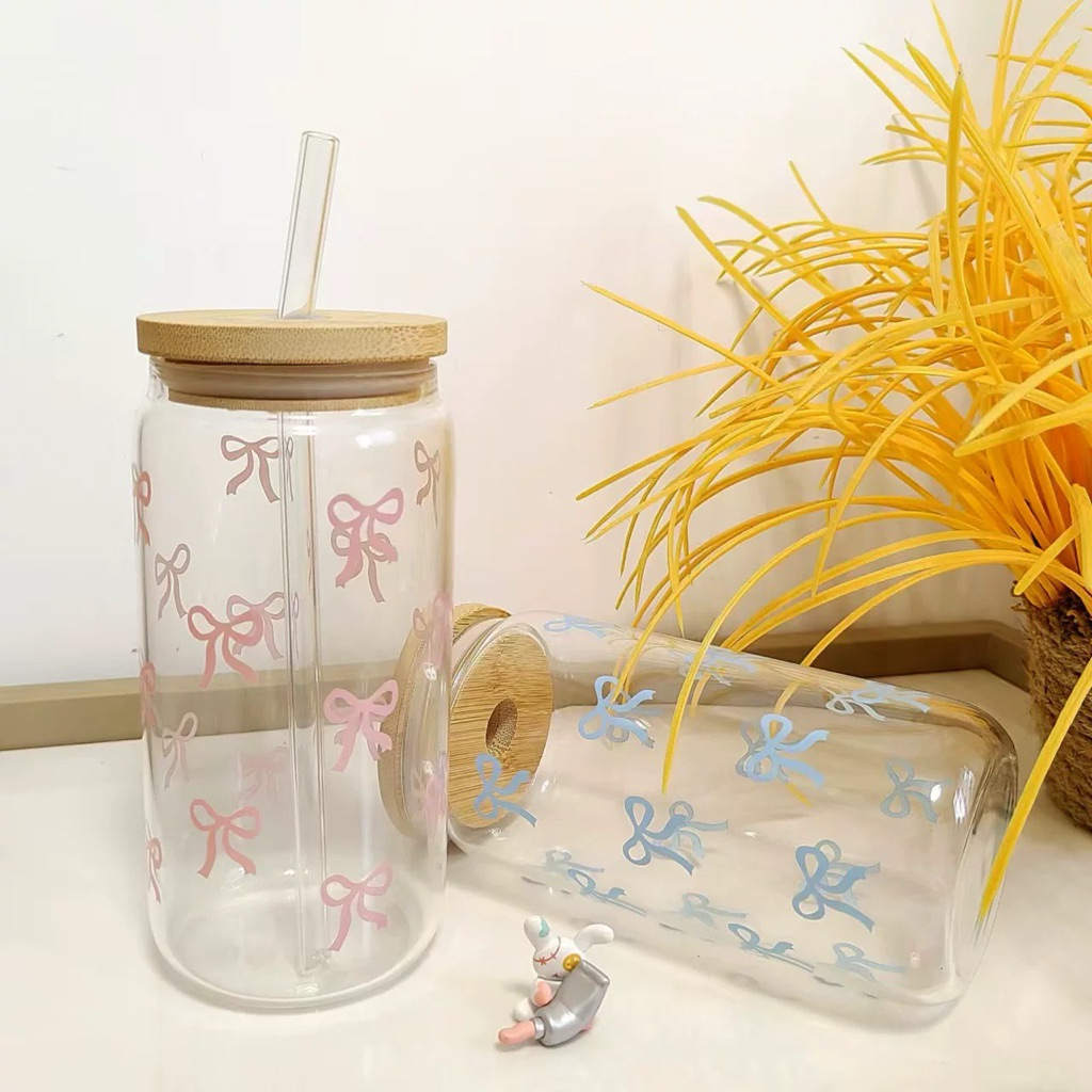 Ly thủy tinh nắp gỗ kèm ống hút thiết kế 500ml, Cốc thủy tinh chịu nhiệt cao,Ly thuỷ tinh có nắp, quà tặng