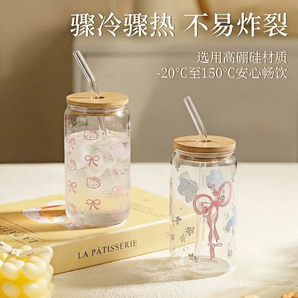 Ly thủy tinh nắp gỗ kèm ống hút thiết kế 500ml, Cốc thủy tinh chịu nhiệt cao,Ly thuỷ tinh có nắp, quà tặng