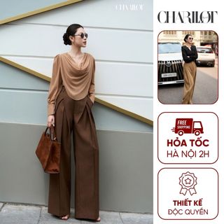 Quần Tây Suông Nữ Cạp Cao Vát Chéo Charllot Quần Công Sở Dáng Dài Mix Hàn Vân Xương Cá Tôn Dáng