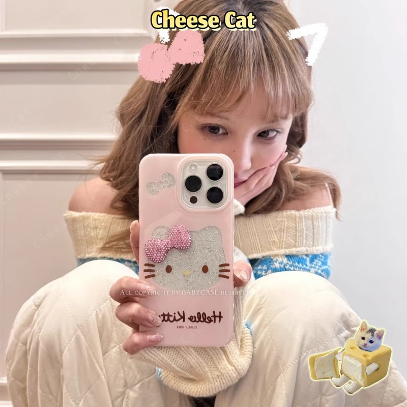 3D Kim Cương Nơ Rỗng Kitty Lấp Lánh Ốp Lưng Điện Thoại iPhone 13 14 15 11 12 16 17 Pro Max XR Xs Max 7 Plus