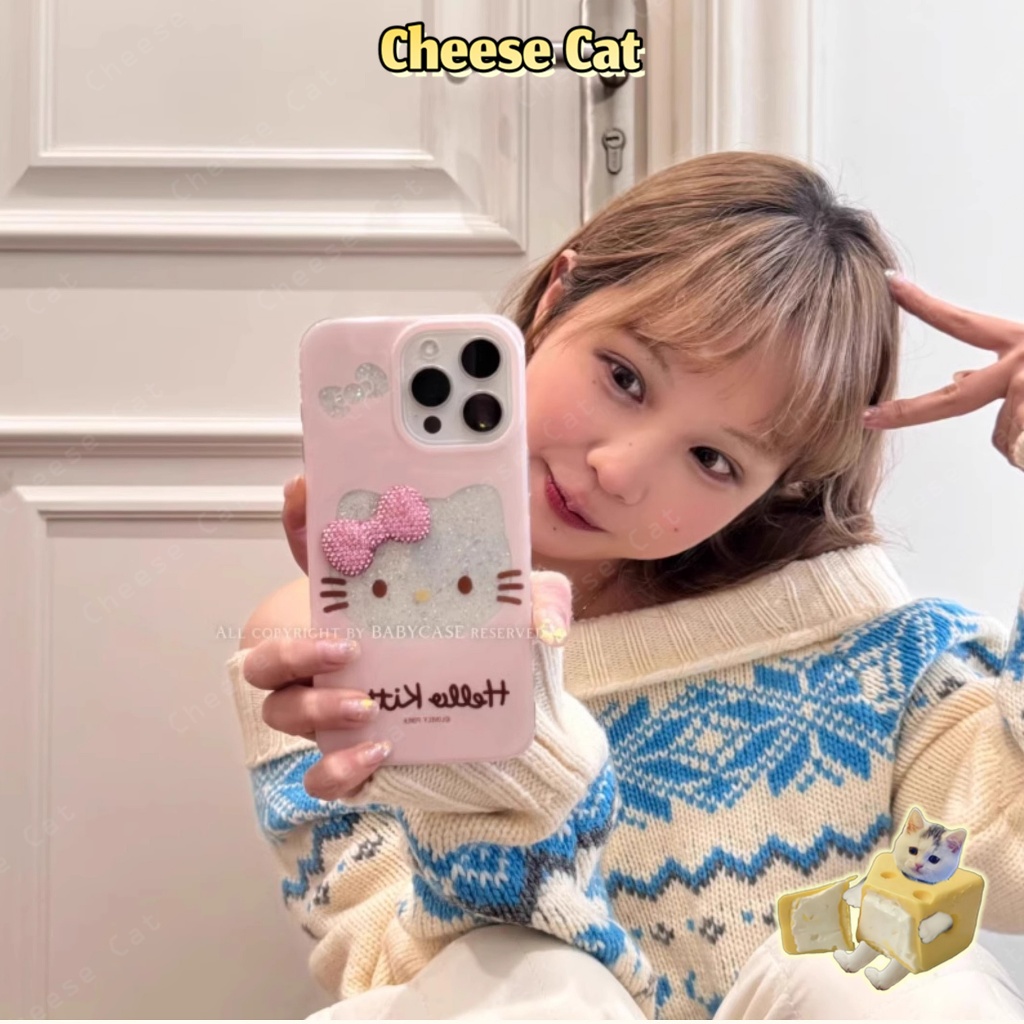 3D Kim Cương Nơ Rỗng Kitty Lấp Lánh Ốp Lưng Điện Thoại iPhone 13 14 15 11 12 16 17 Pro Max XR Xs Max 7 Plus