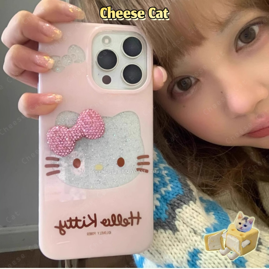 3D Kim Cương Nơ Rỗng Kitty Lấp Lánh Ốp Lưng Điện Thoại iPhone 13 14 15 11 12 16 17 Pro Max XR Xs Max 7 Plus