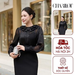Áo Sơ Mi Kiểu Nữ Cổ Xếp Tầng Họa Tiết Hoa Charllot Chất Tằm Nhật Mềm Mát Không Nhăn Tặng 2 Dây