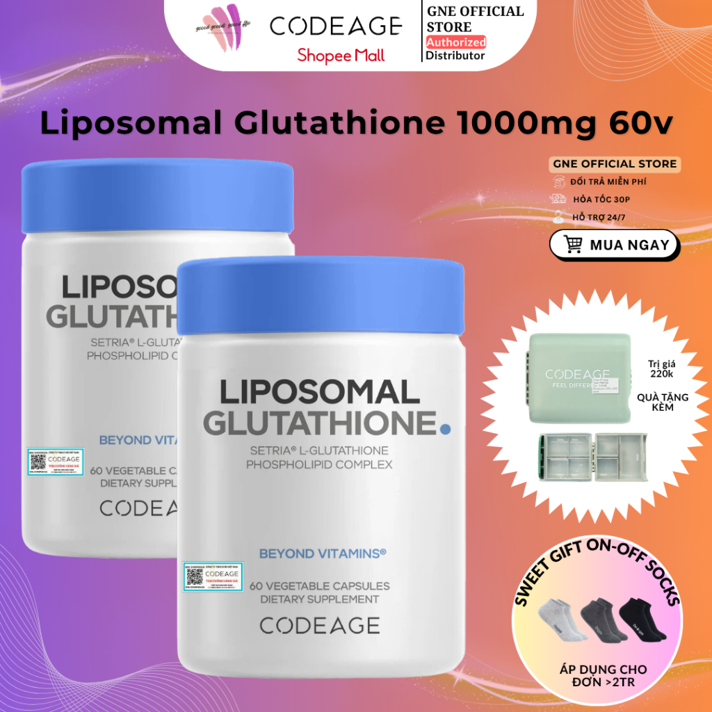 thuốc liposomal glutathione GLU 500][ TẶNG HỘP CHIA THUỐC-ĐƠN COMBO] Liposomal Glutathione Codeage  500mg/ 2 viên 1 lọ 60V từ Mỹ