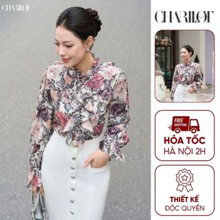 Áo Sơ Mi Hoa Cổ Bèo Nữ Thiết Kế Charllot Áo Sơ Mi Kiểu Nữ Tay Dài Chất Tằm Mềm Mịn Mát Sang Trọng