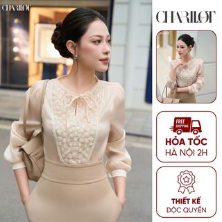 Áo Tơ Nữ Cổ Tròn Đá Phối Ren Đính Đá Cao Cấp Chảllot Sơ Mi Nữ Công Sở Sang Trọng Màu Be Trắng