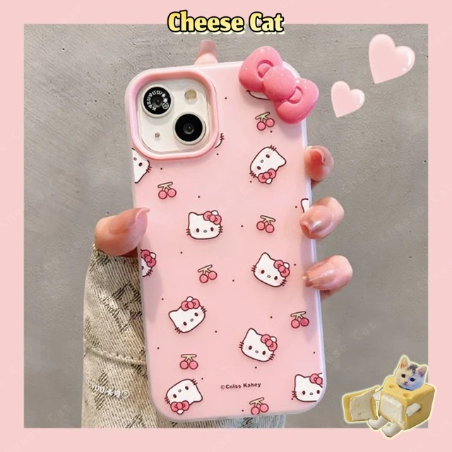 ins Ốp điện thoại toàn màn hình nơ hồng hình Kitty dễ thương cho iPhone 13 14 15 11 12 16 17 Pro Max XR Xs Max