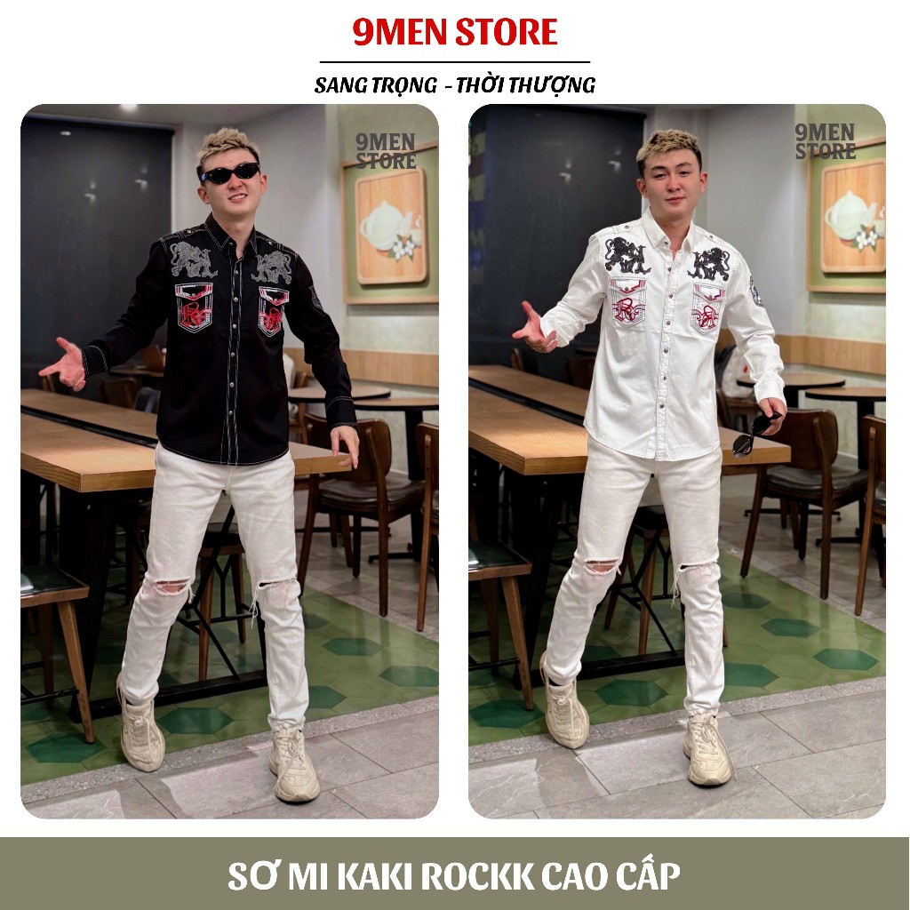 Sơ Mi Rock Classic Cao Cấp Thêu Họa Tiết Sư Tử Chỉ Đỏ - Vải Kaki Tôn Dáng, Cúc Kim Loại Đẳng Cấp 060