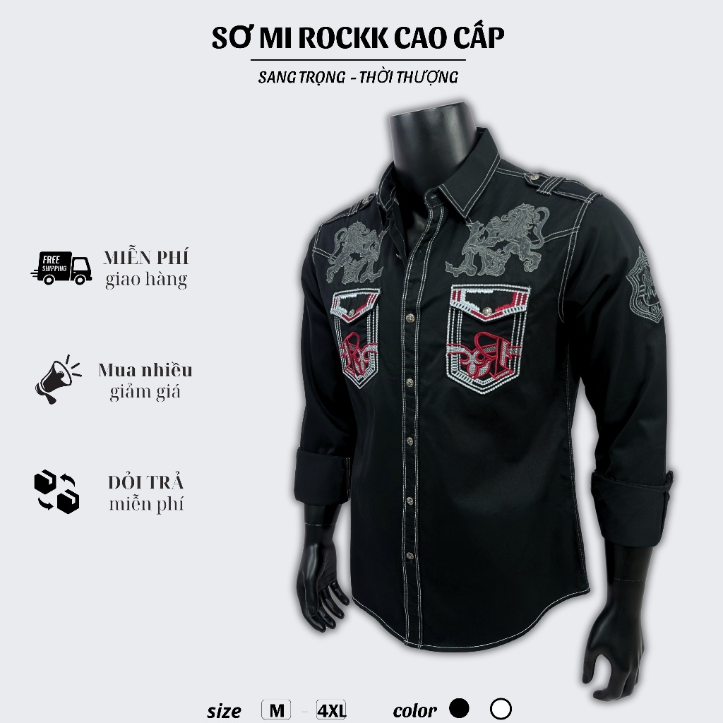Sơ Mi Rock Classic Cao Cấp Thêu Họa Tiết Sư Tử Chỉ Đỏ - Vải Kaki Tôn Dáng, Cúc Kim Loại Đẳng Cấp 060