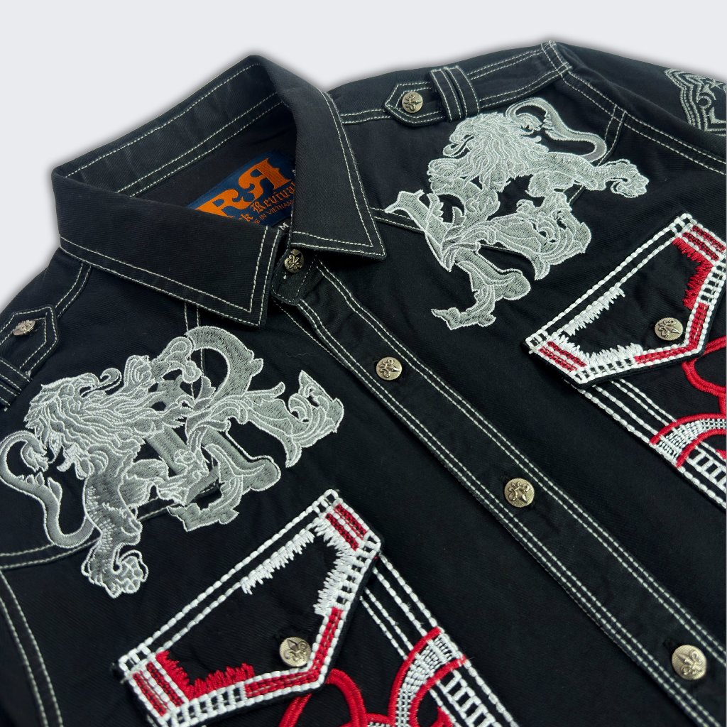 Sơ Mi Rock Classic Cao Cấp Thêu Họa Tiết Sư Tử Chỉ Đỏ - Vải Kaki Tôn Dáng, Cúc Kim Loại Đẳng Cấp 060