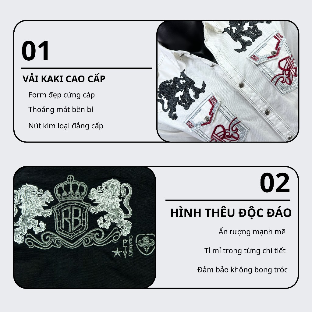 Sơ Mi Rock Classic Cao Cấp Thêu Họa Tiết Sư Tử Chỉ Đỏ - Vải Kaki Tôn Dáng, Cúc Kim Loại Đẳng Cấp 060