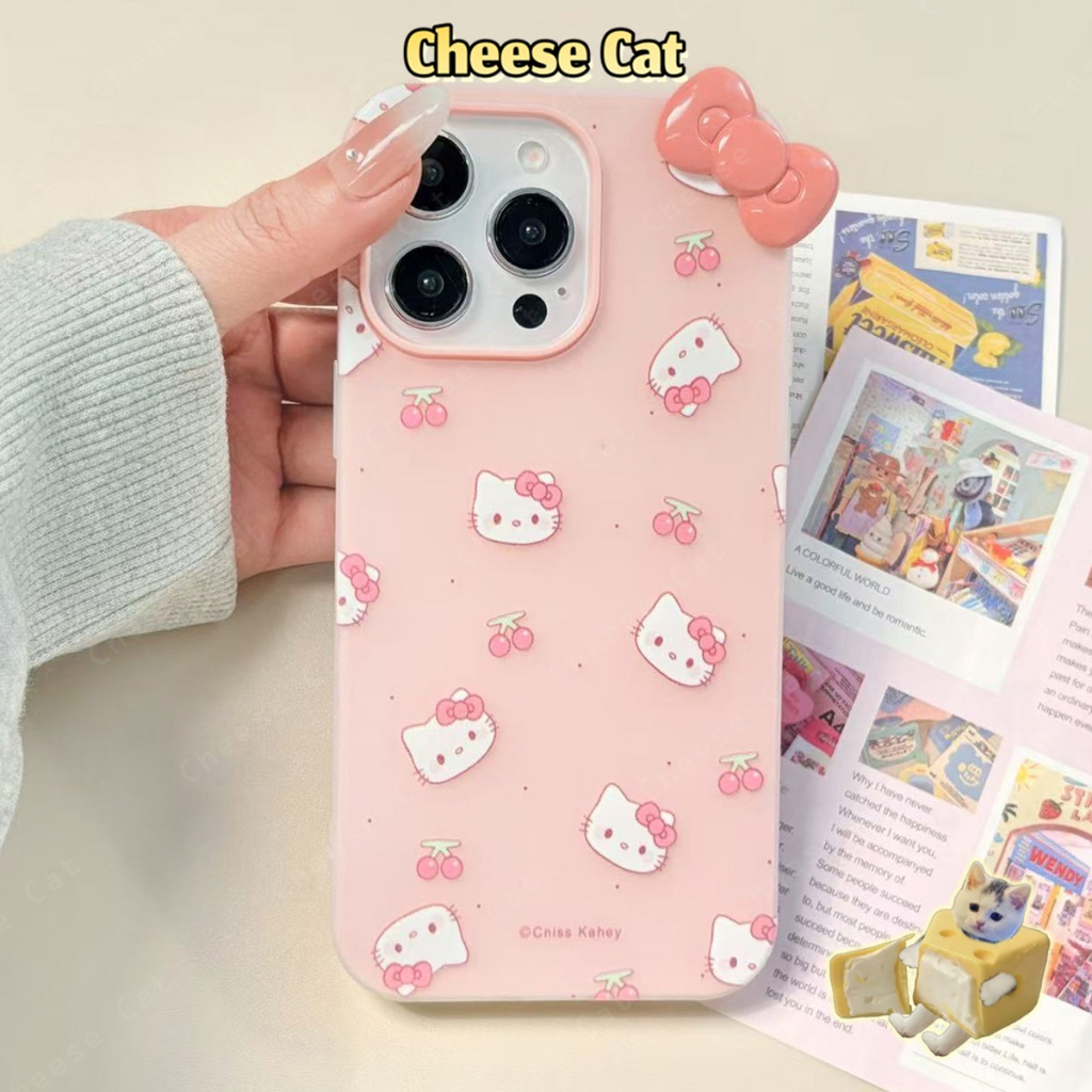 ins Ốp điện thoại toàn màn hình nơ hồng hình Kitty dễ thương cho iPhone 13 14 15 11 12 16 17 Pro Max XR Xs Max