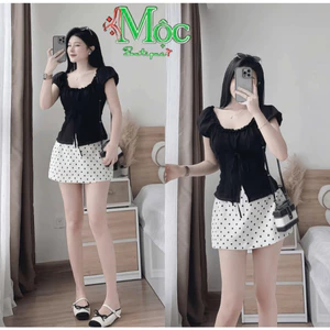 Set váy ngắn, set đi tiệc cổ vuông tay bồng xẻ lai Đũi cột nơ mix váy ngắn Mango chấm bi
