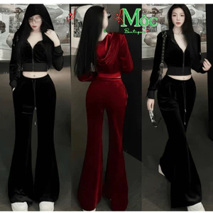 MK_Set bộ mặc nhà, set Nhung cá tính áo croptop khoá kéo có mũ ôm body phối quần dài ống loe
