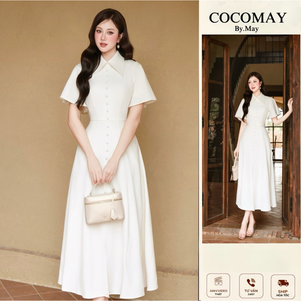 COCOMAY Đầm Ivory Mây Midi Dress nút bọc tay loe nhẹ Nữ Women Dress ...