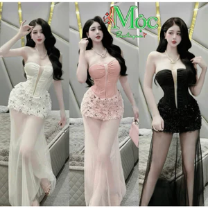 AXT_ Đầm váy dài, đầm đi tiệc thiết kế Thun Nhũ phối Lông kim sa sang chảnh, Tùng Lưới