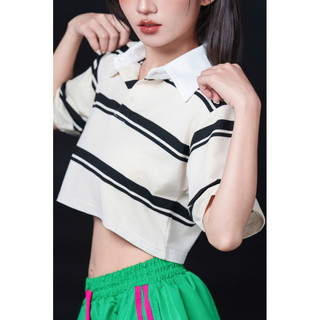 Áo croptop nữ form rộng sọc ngang BIBIBO – áo phông oversize tay lỡ unisex, style Hàn Quốc