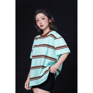 Áo thun unisex form boxy sọc xanh mint nâu BIBIBO - áo phông tay lỡ unisex
