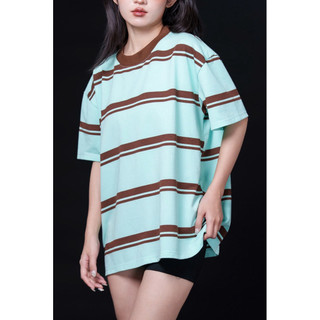 Áo thun unisex form boxy sọc xanh mint nâu BIBIBO - áo phông tay lỡ unisex