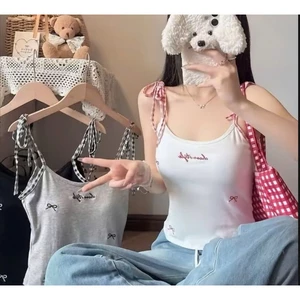 Áo 2 Dây Nữ Có Mút Ngực Phối Dây Kẻ in Chữ Cổ Đính Nơ Basic Nữ Tính Sexy