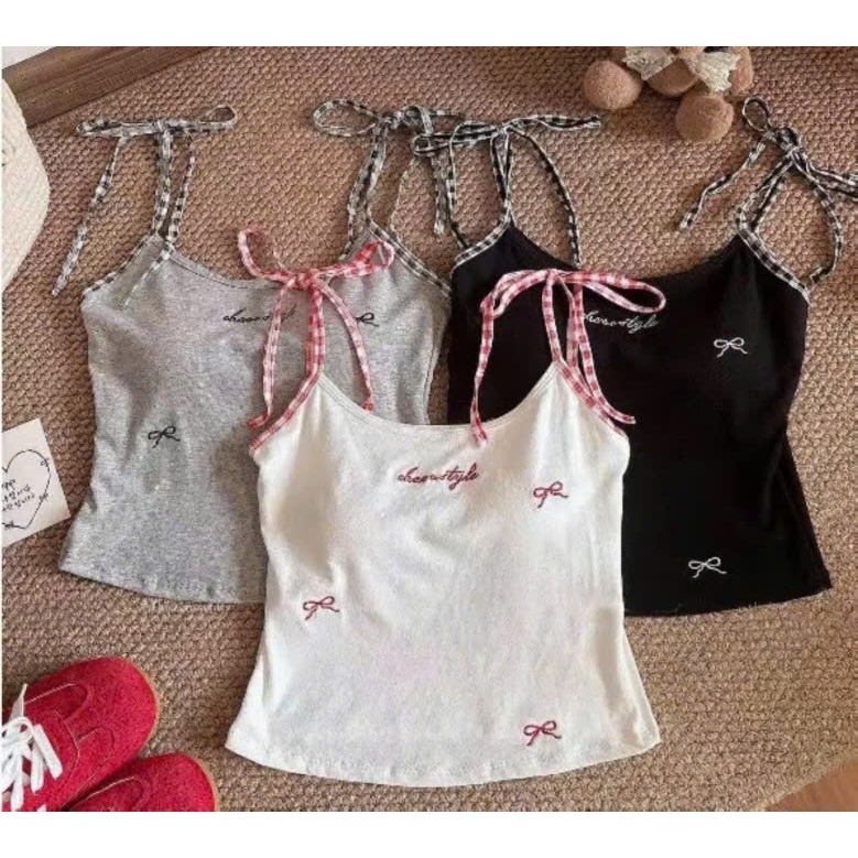 Áo 2 Dây Nữ Có Mút Ngực Phối Dây Kẻ in Chữ Cổ Đính Nơ Basic Nữ Tính Sexy