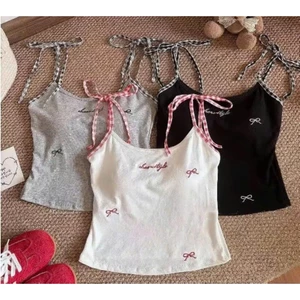 Áo 2 Dây Nữ mặc Nhà Phối Dây Kẻ In Nơ Chữ Cổ Sexy Gợi Cảm < Có Mút Ngực >