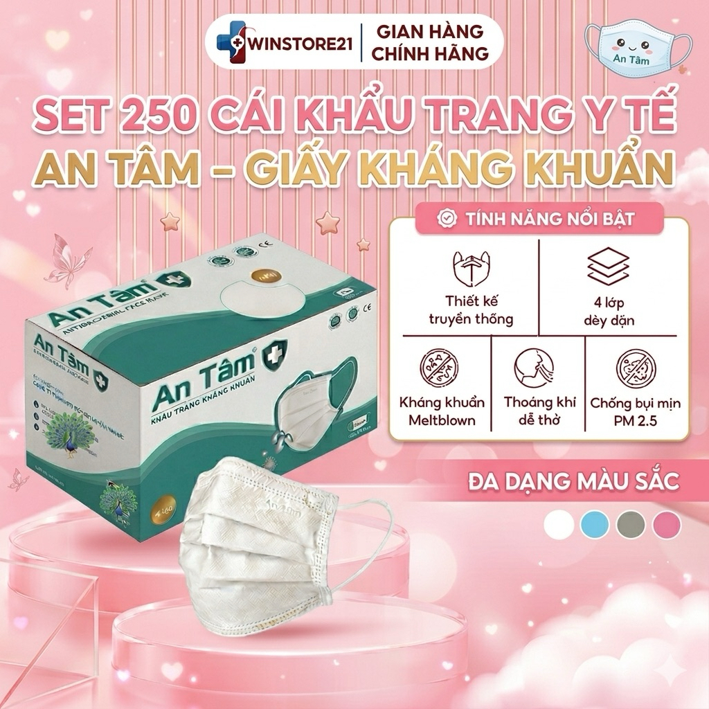 Set 250 cái Khẩu trang y tế CHÍNH HÃNG An Tâm 4 lớp kháng khuẩn cao cấp che phủ toàn diện
