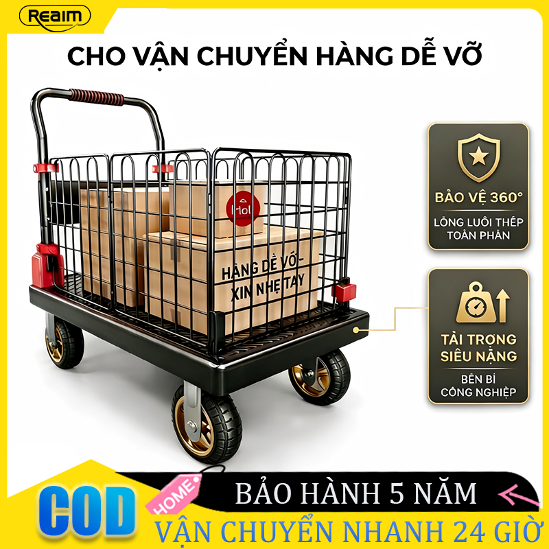 Xe đẩy hàng rào cao bảo vệ 360° chịu lực 600kg bánh xe im lặng xoay  đa năng kho hàng & gia đình