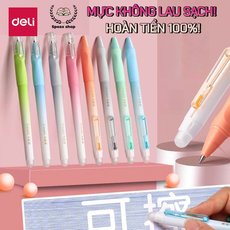 Combo 2 Bút Gel Xóa Được Có Nắp Đậy Kèm Tẩy Ngòi 0.5mm Nhiều Màu Mực Deli Bút Gel Học Sinh Văn Phòng Ghi Chép Tập Viết