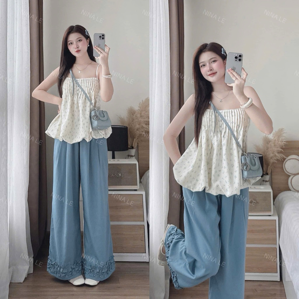 Set Bộ Quần Dài 2 Dây Cúp Xếp Ly Có Mút Đính Nút Quần Dài Ống Suông Kiểu Lai Bèo