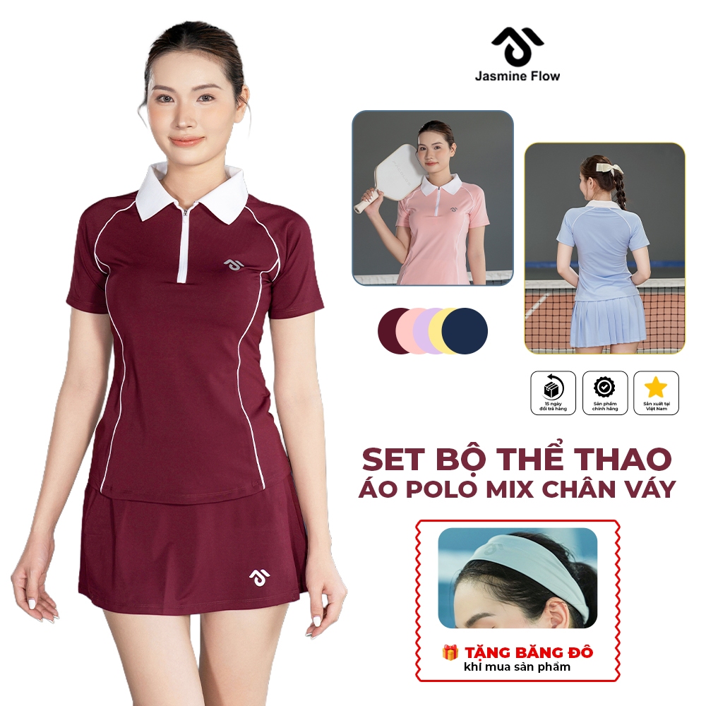 Set Áo Polo Thể thao nữ Phối Chân Váy xếp ly Co dãn 4 chiều, Thoải mái Vận Động - Jasmine Flow Premium